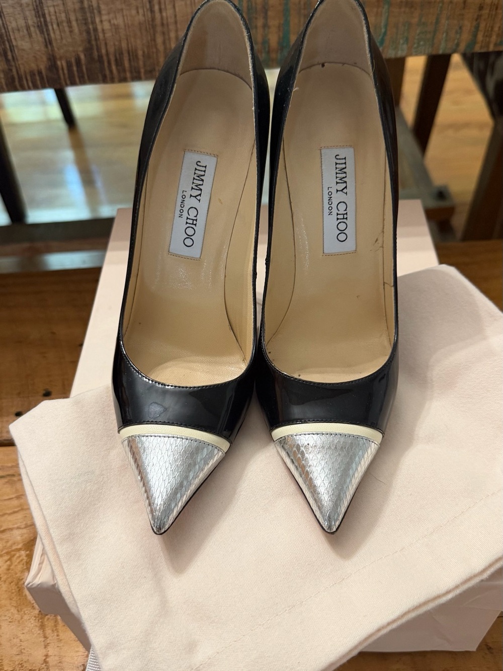 Saks Fifth Avenue Black Patent Leather Pumps with Silver Pointed Toe